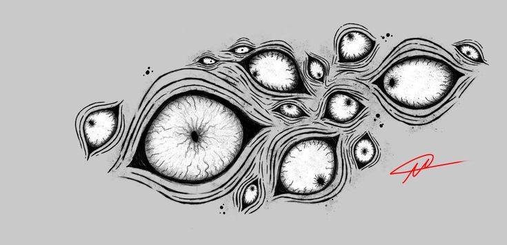 an eyeball drawing with red ink on a gray background, and the image is in black and white