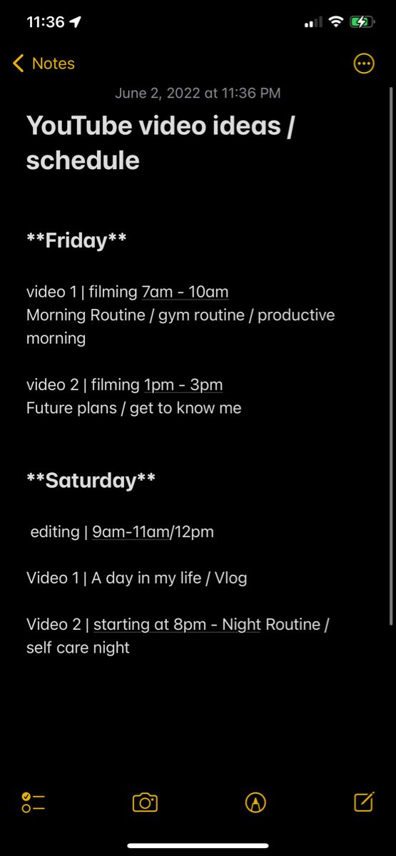 an iphone screen with the text youtube video ideas / schedule