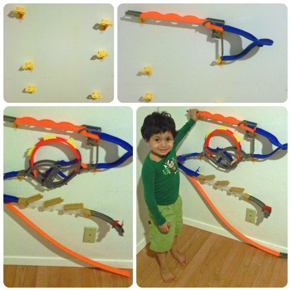 four pictures of a young boy playing with his toy train set and track pieces on the wall