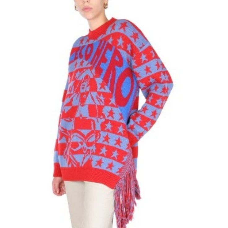 Women's Eco Hero Intarsia Wool Knit Sweater From Stella Mccartney In Blue/Red. 100% Virgin Wool Knitted Ribbed Edges Drop Shoulders Long Sleeves Fringe Detail On The Left Bottom Pullover Style New With Tag. Size: It38/ Us 2-4 Color: Blue/ Red Crew Neck Sweater For Women. Red Crew Neck Sweater, Red Crew Neck, Wool Knit Sweater, Wool Sweaters Womens, Dolman Sleeve Sweater, Graphic Sweaters, Hem Sweater, Fringe Sweater, Grey Crewneck