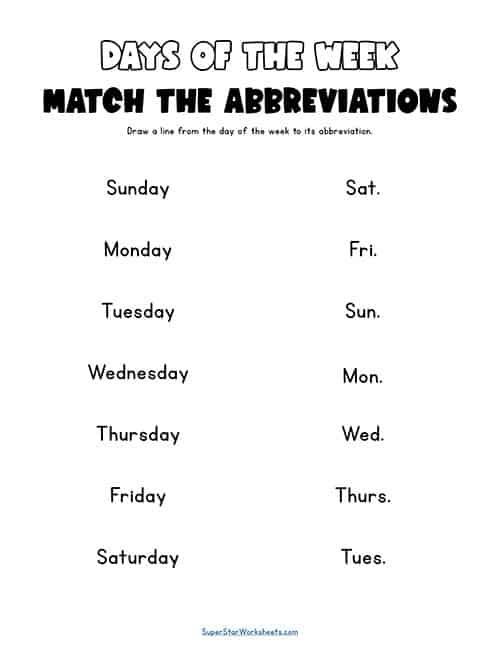 the days of the week match the abbreviations in this worksheet for kids