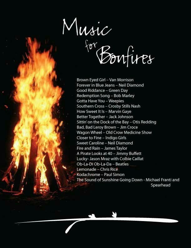 a poster with the words music for bonfires written in white on it and an image of a fire