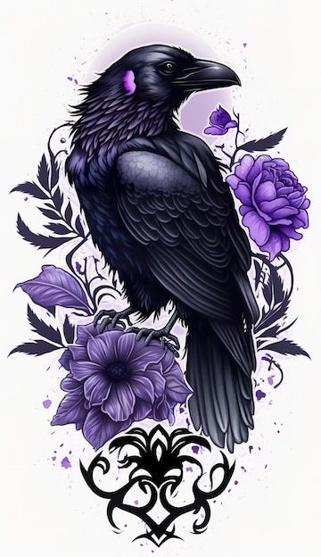 a black bird sitting on top of a purple flower next to a tattoo design with flowers