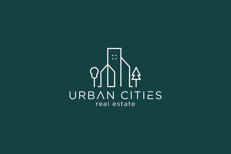 the urban cities real estate logo on a dark green background with white letters and trees