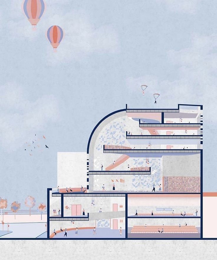 an architectural drawing of a building with hot air balloons in the sky above it and people walking around