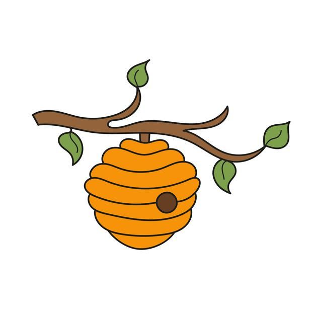 a beehive hanging from a tree branch with leaves on it's branches