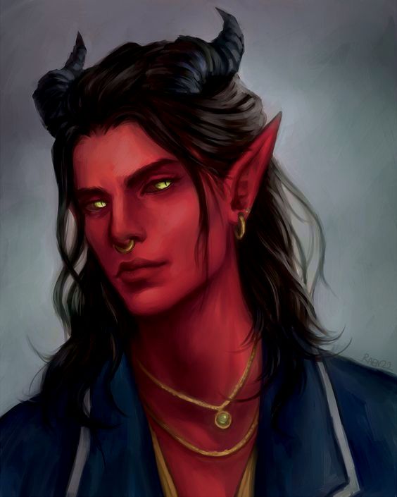 a digital painting of an elf with horns on his head and yellow eyes, wearing a blue jacket