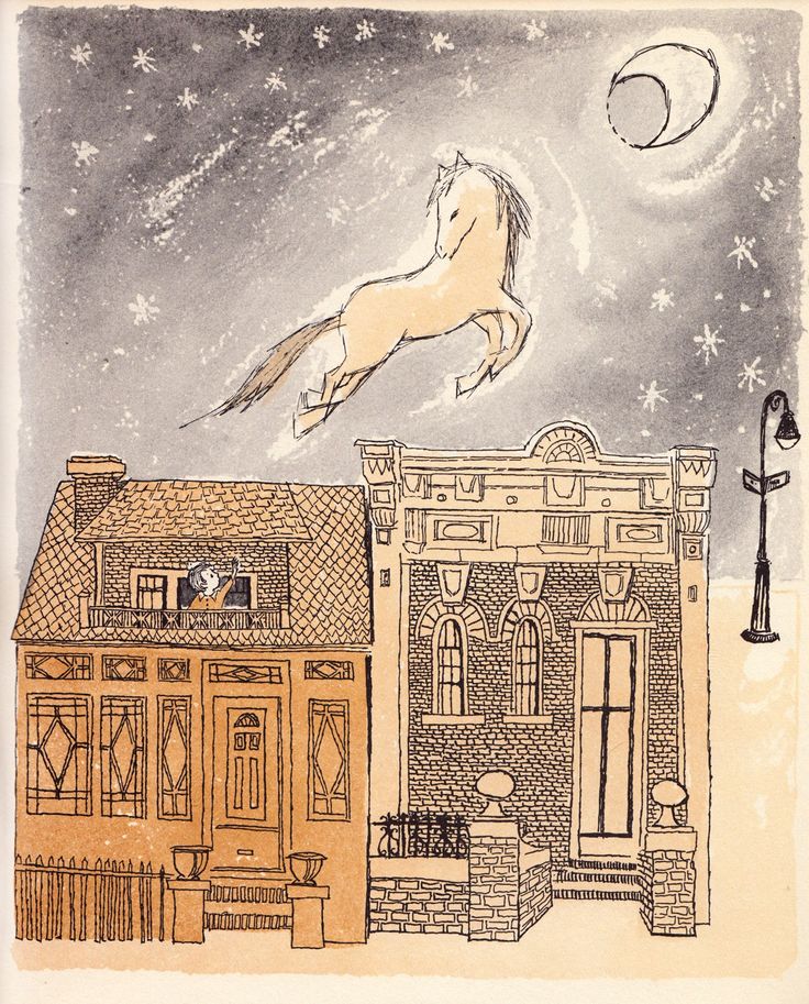 a drawing of a house with a horse flying over it