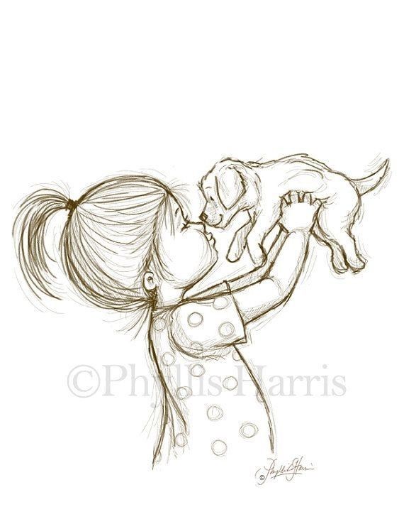 a drawing of a girl holding a dog