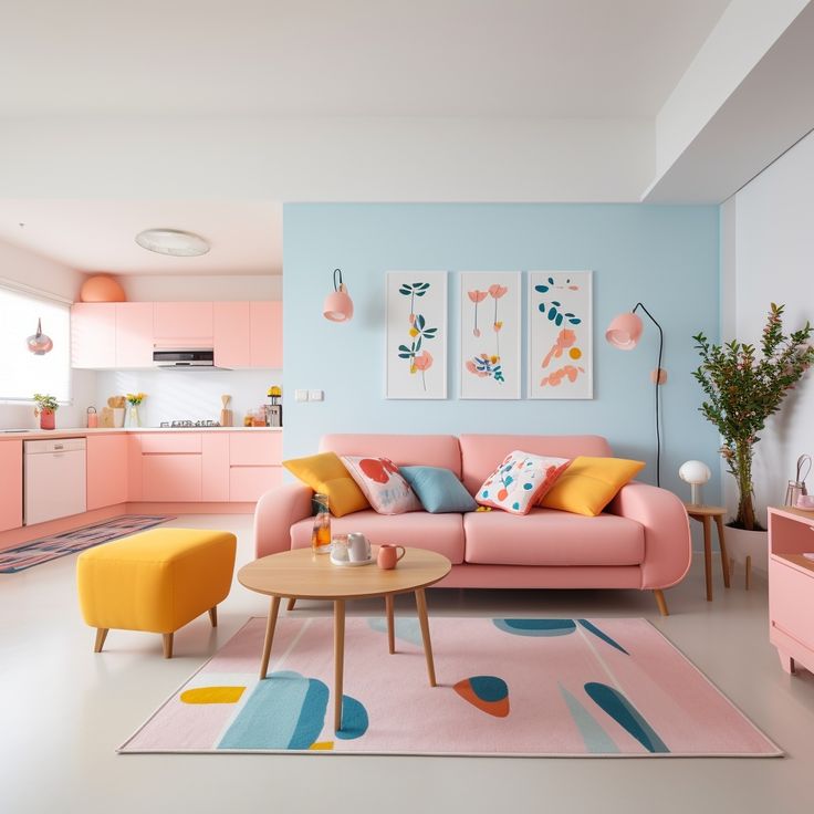 a living room with pink and blue walls, yellow furniture and rugs on the floor