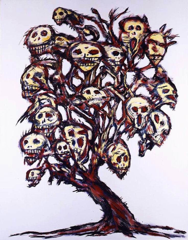 a drawing of a tree with skulls on it