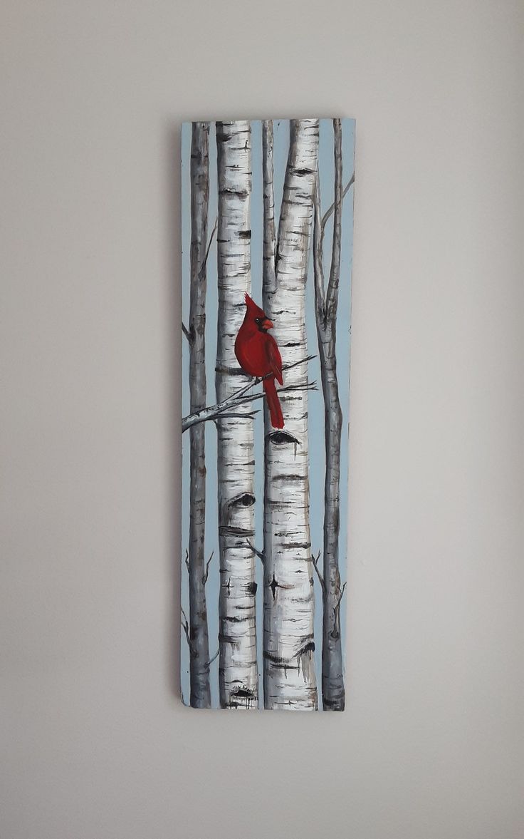 a painting of a cardinal perched on a birch tree