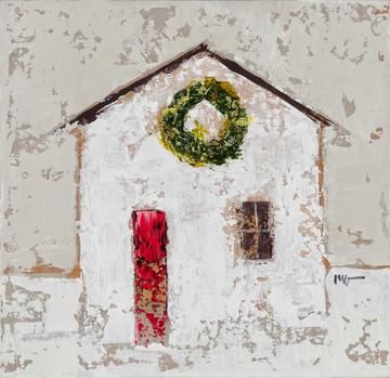 a painting of a white building with a wreath on the door