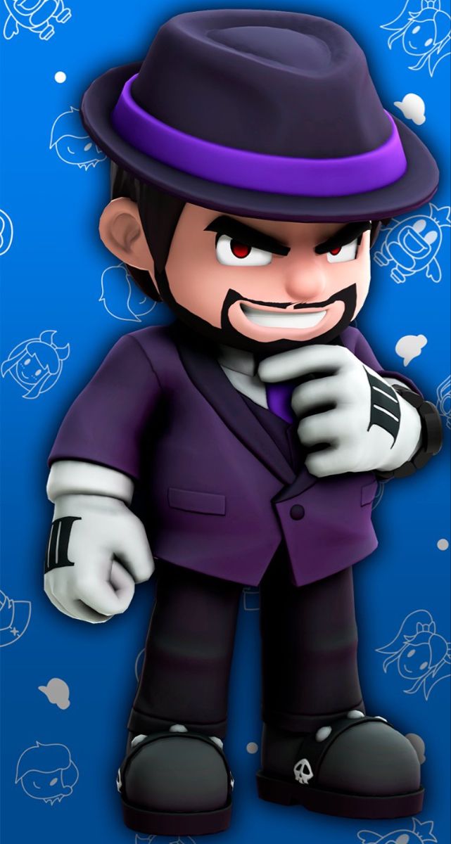 an image of a cartoon character with a hat and purple suit on, standing in front of a blue background