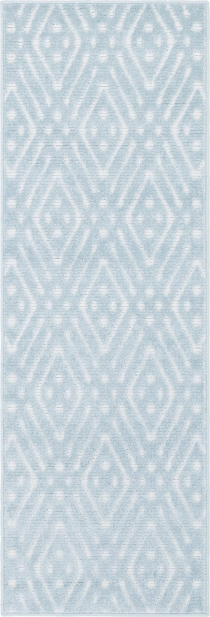 a blue rug with an intricate design on the front and back side, in white