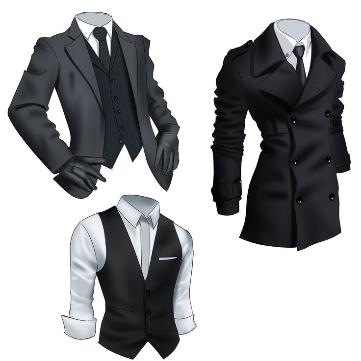 three different styles of men's clothing, one is black and the other is white