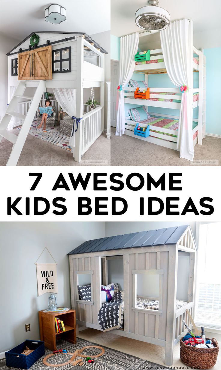 kids's bedroom with bunk beds made out of wood and white walls, the text overlay says 7 awesome kids's bed ideas