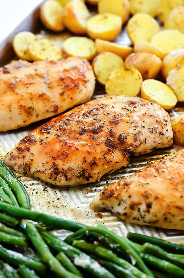 chicken, potatoes and green beans on a sheet pan