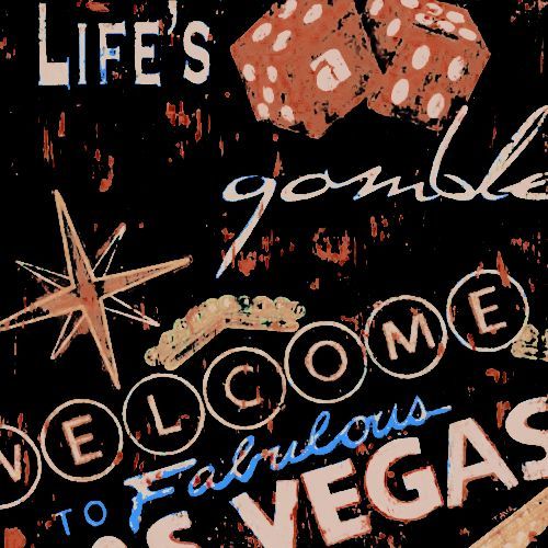 a sign that says welcome to las vegas with dices and other things on it