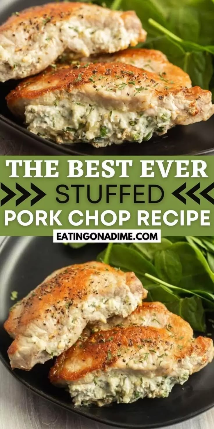 the best ever stuffed pork chop recipe on a black plate with spinach leaves in the background