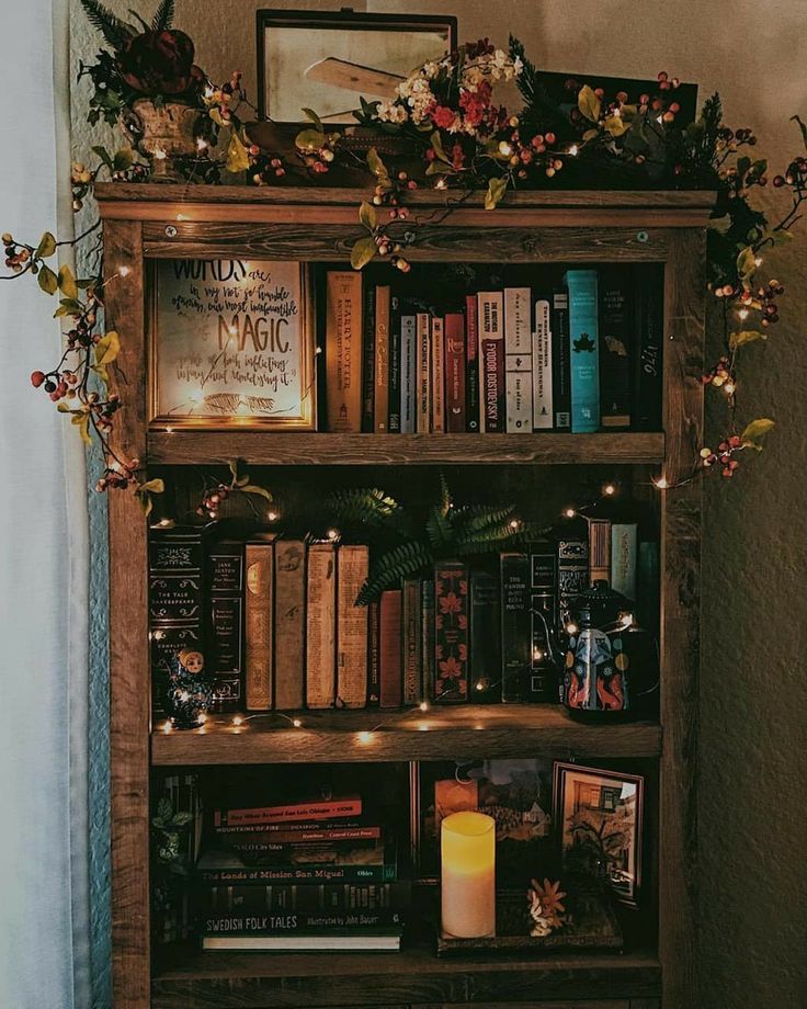 a bookshelf filled with lots of books next to a window covered in christmas lights