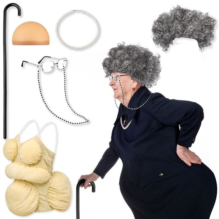 an old woman with grey hair and glasses is holding a cane next to other items