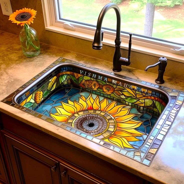 a sunflower stained glass sink in a kitchen