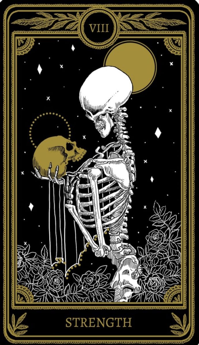 a skeleton holding a mouse on top of a black and gold taroti card