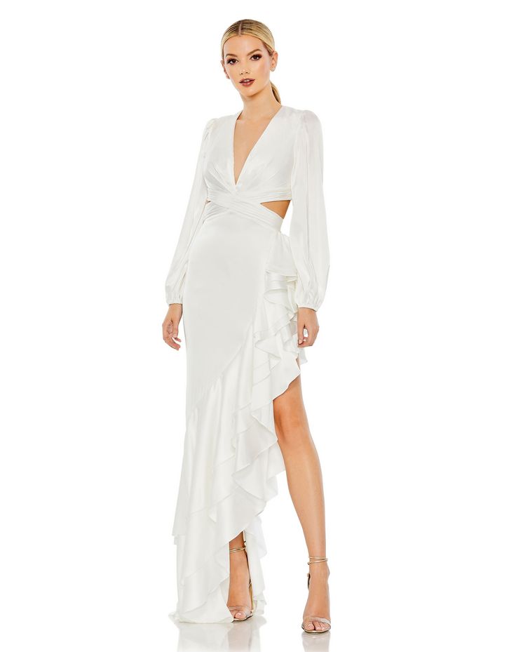 Cut Out Asymmetrical Ruffled Gown – Mac Duggal Long Sleeve White Dress, Norma Kamali Dress, Ruffled Gown, Midi Denim, Womens Kimono, Long Knit, Long Sleeve Midi, Knit Sweater Dress, Long Sleeve Midi Dress