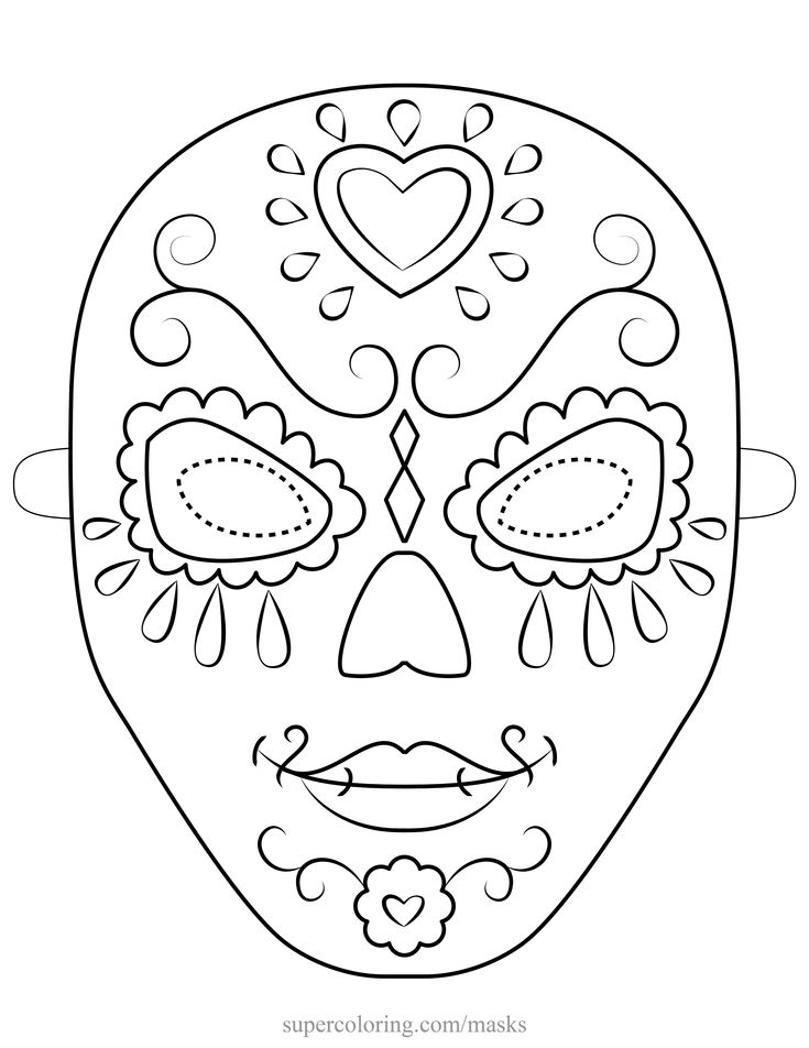 a sugar skull mask with hearts on the eyes and nose is shown in black and white