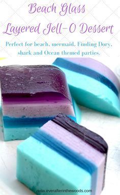 three different colored soap bars sitting on top of a white plate with the words beach glass layered gel - o dessert