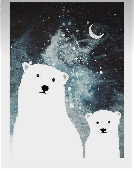 two polar bears standing next to each other in front of a night sky with stars and the moon