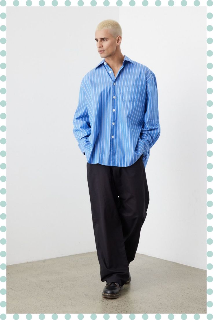 Mens Blue Striped Shirt Outfit, Oversized Dress Shirt Outfit Men, Line Shirts For Men, Men’s Oversized Shirt, Blue Button Up Shirt Outfit Men, Men’s Button Up Shirt, Men Oversized Shirt Outfits, Blue Shirt Men Outfit, Casual Button Up Shirt Outfit Mens