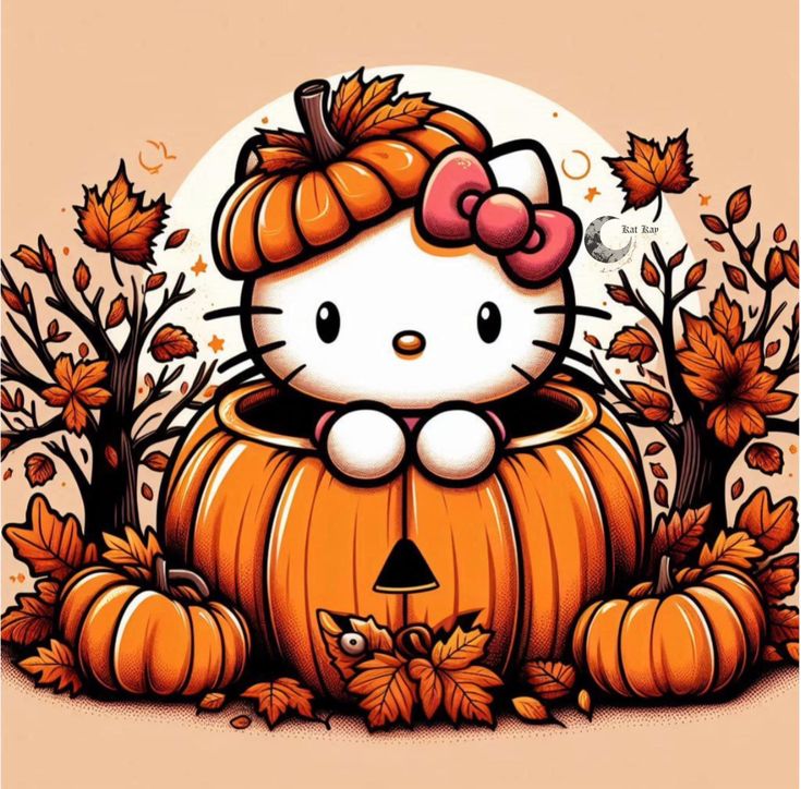 a hello kitty pumpkin sitting on top of a pile of leaves