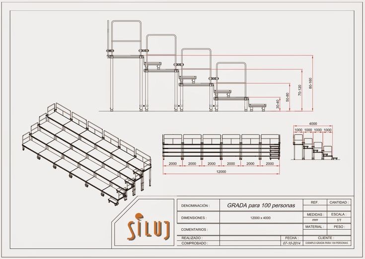 an architectural drawing showing the various sections and details for a seating area with metal railings