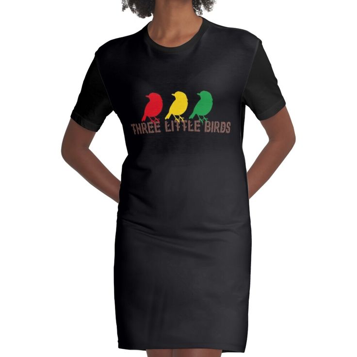 Loose and casual fit jersey t-shirt dress. Printed polyester blend front panel, solid color 100% cotton back/sleeves/rib. Size range XS-2XL. Three Little Birds Africa Music Reggae Rasta Reggae Dress, Reggae Music, Little Birds, Dress For Sale, Casual Fit, Casual Fits, Jersey T Shirt, T Shirt Dress, Dresses For Sale