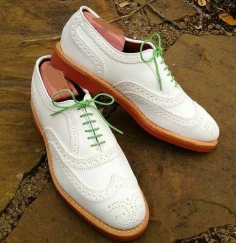 Handmade Men's Oxford White Leather With Brogue Toe Dress Formal Shoes #Handmade #Oxfords #Formal Lucky Tiger, Oxford Shoes Outfit, Der Gentleman, Oxfords Shoes, Shoes Green, Suede Leather Shoes, High Ankle Boots, Oxford White, Leather Brogues