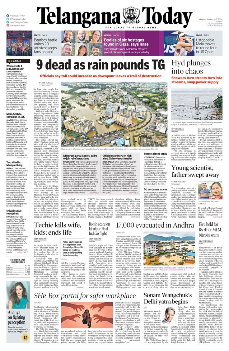 Telangana Today is a daily English-language newspaper published in Hyderabad, Telangana, India. It was launched in 2011 and is one of the most popular English newspapers in Telangana. The newspaper is known for its in-depth reporting, investigative journalism, and editorial independence. It covers a wide range of topics, including politics, business, economy, society, culture, and sports. Telangana Today is also known for its strong focus on local news and events. The newspaper covers all aspects of life in Telangana, from the latest political developments to the stories of ordinary people. Telangana Today is committed to providing its readers with accurate and unbiased information about the state. The newspaper is also known for its critical and independent reporting on the government and English Newspaper, English Newspapers, Newspaper Cover, Investigative Journalism, Aspects Of Life, The Newspaper, Ordinary People, English News, Magazine Subscription