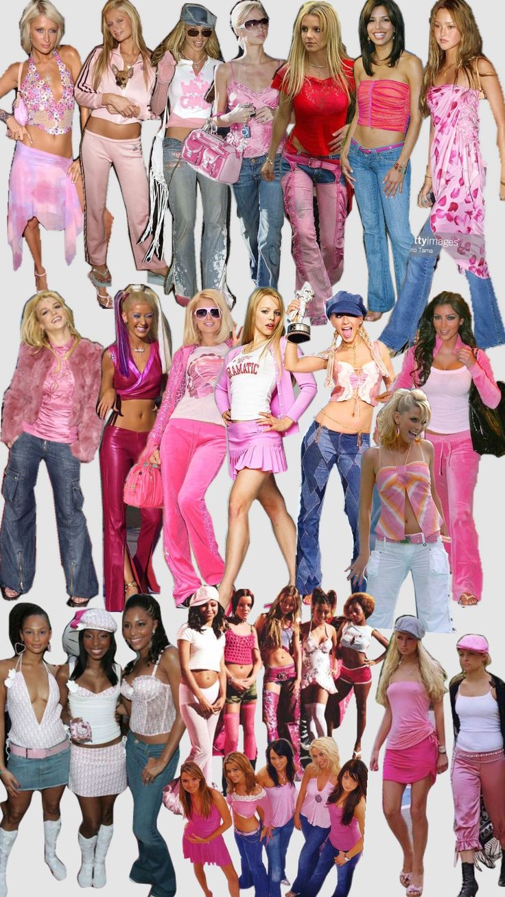 a collage of women dressed in pink and blue clothing, all wearing matching outfits