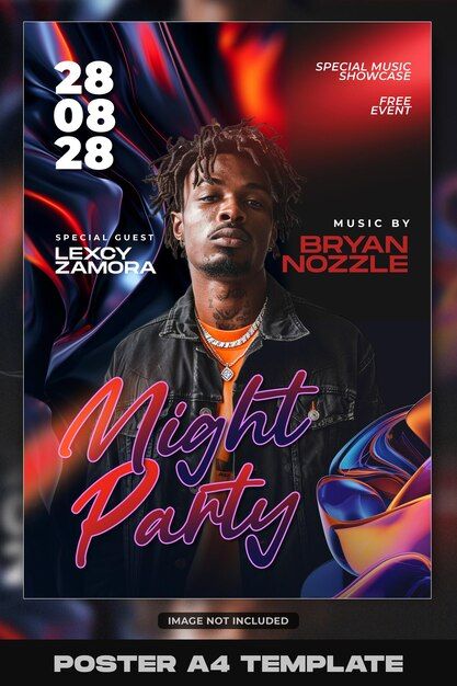 a flyer for a night party with an image of a man