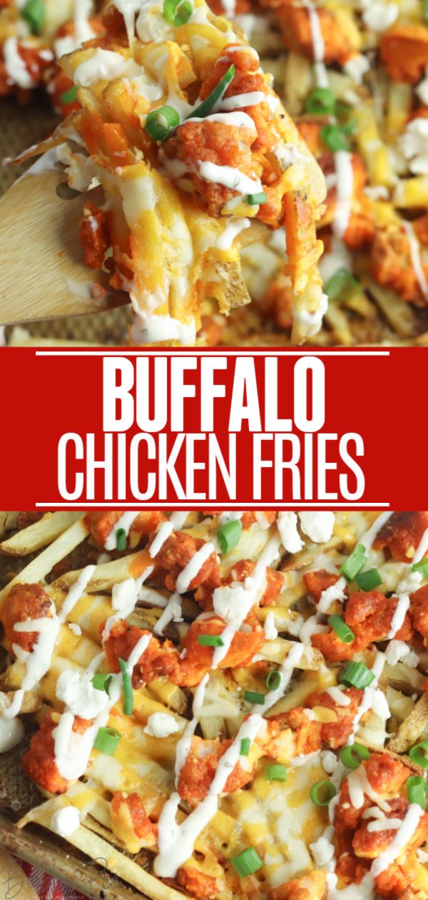 buffalo chicken fries with ranch dressing on top and the words buffalo chicken fries above it