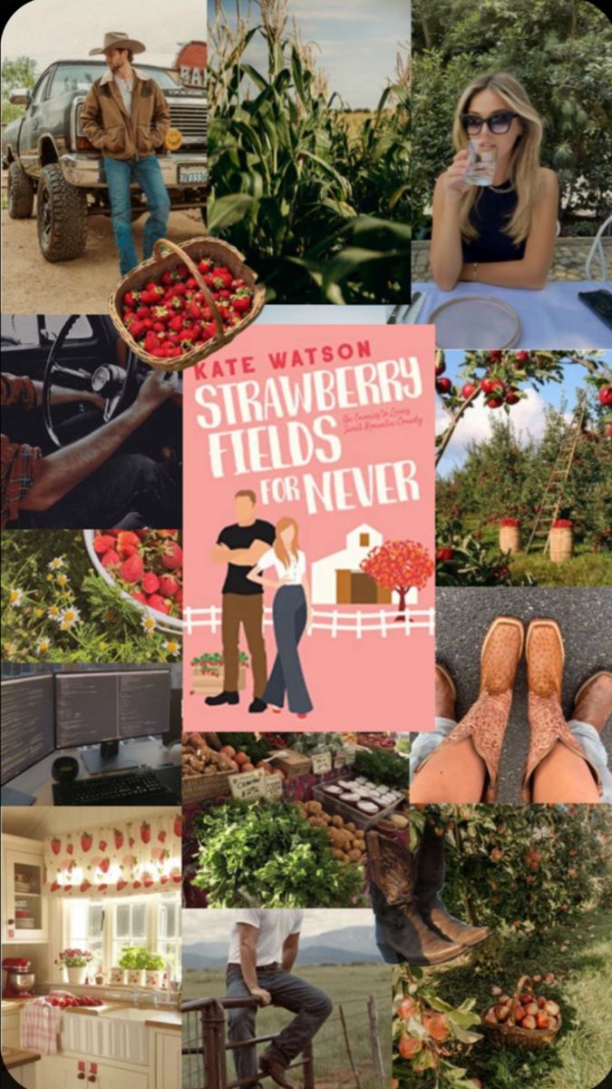 a collage of photos with strawberries and people