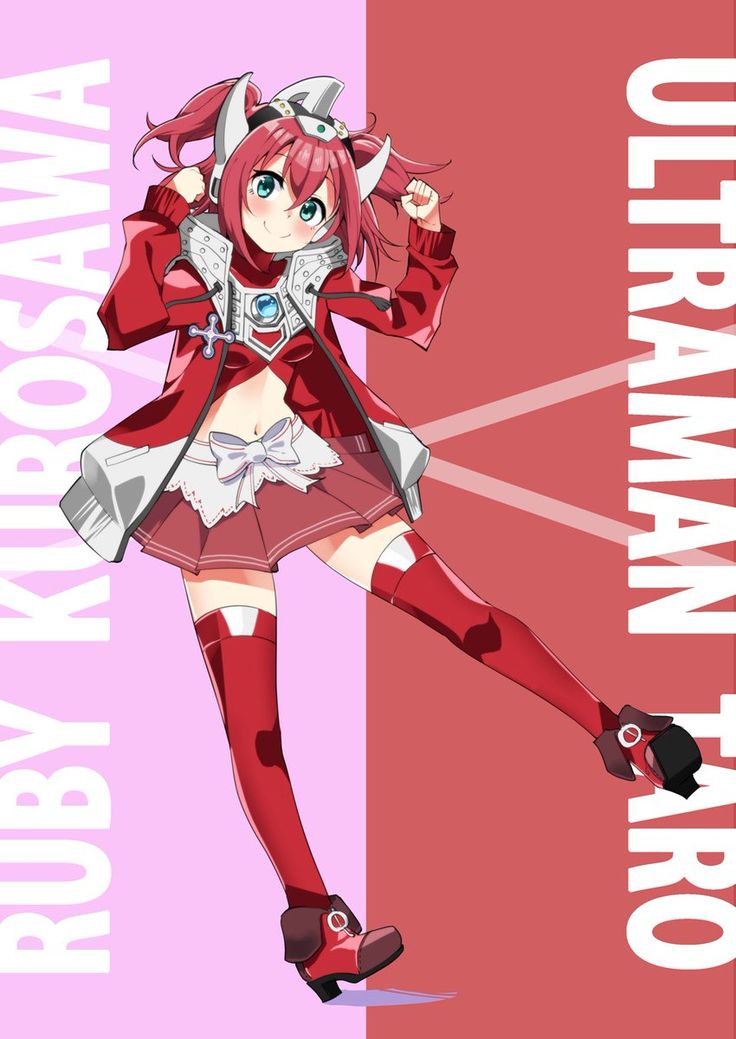 an anime character in red and white clothes with her legs spread out, posing for the camera