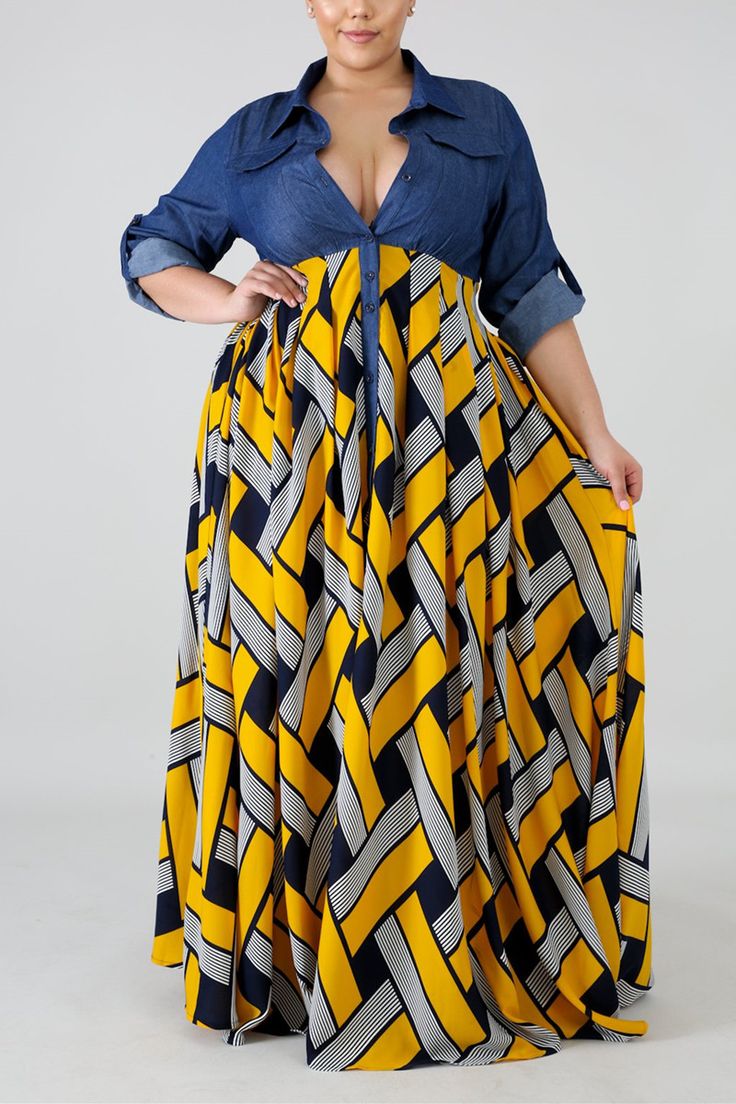 Fashion Stitching Retro Yellow Plus Size Dress Yellow Plus Size Dresses, Collar Dresses, Vestidos Retro, Shirt Collar Styles, Curve Fashion, Plus Size Maxi, Vestidos Vintage, Turndown Collar, Plus Size Maxi Dresses