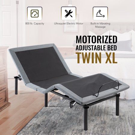 the motorized adjustable twin bed is in front of a couch and coffee table with drawers