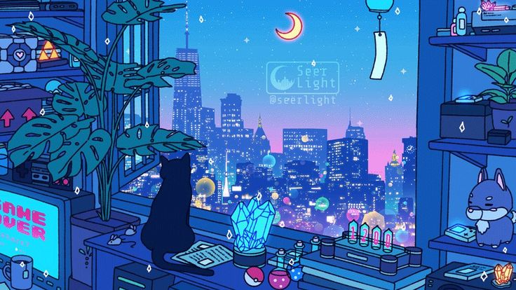 an animated image of a cat sitting in front of a window looking out at the city