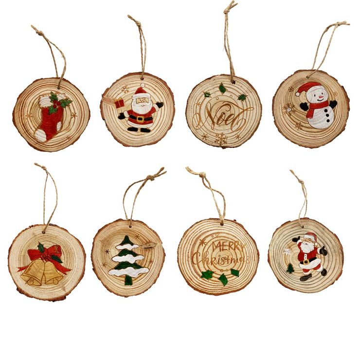 twelve christmas ornaments with santa and snowmen on them, hanging from string ornament