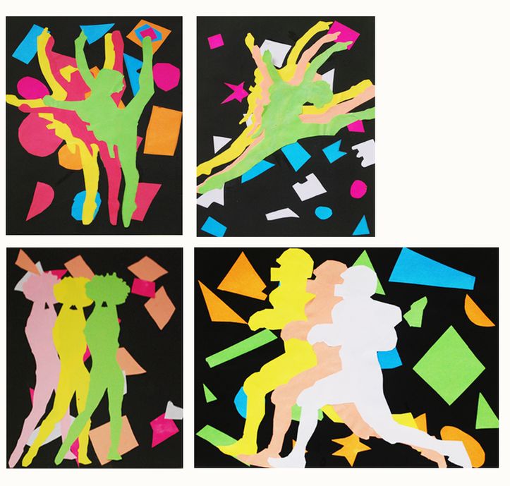 four different colored images of people and shapes