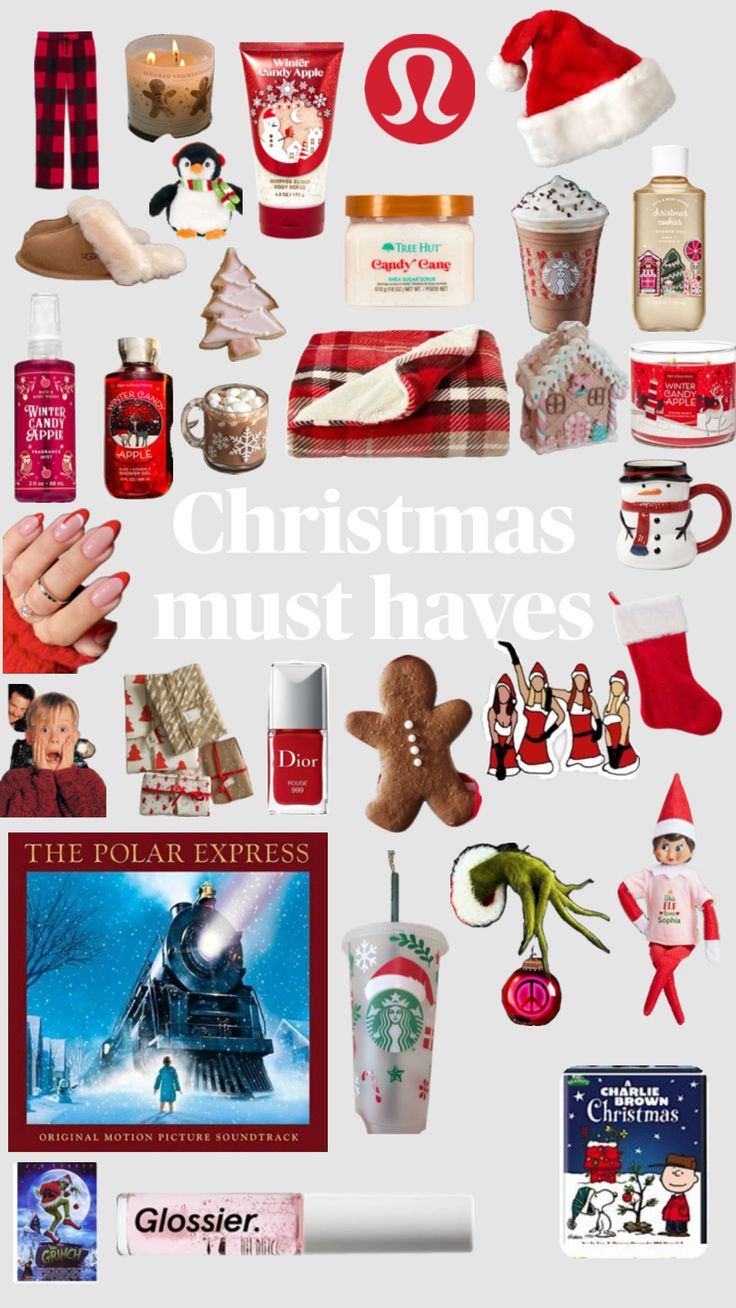 the christmas must haves poster is shown with various items and decorations in red, white,