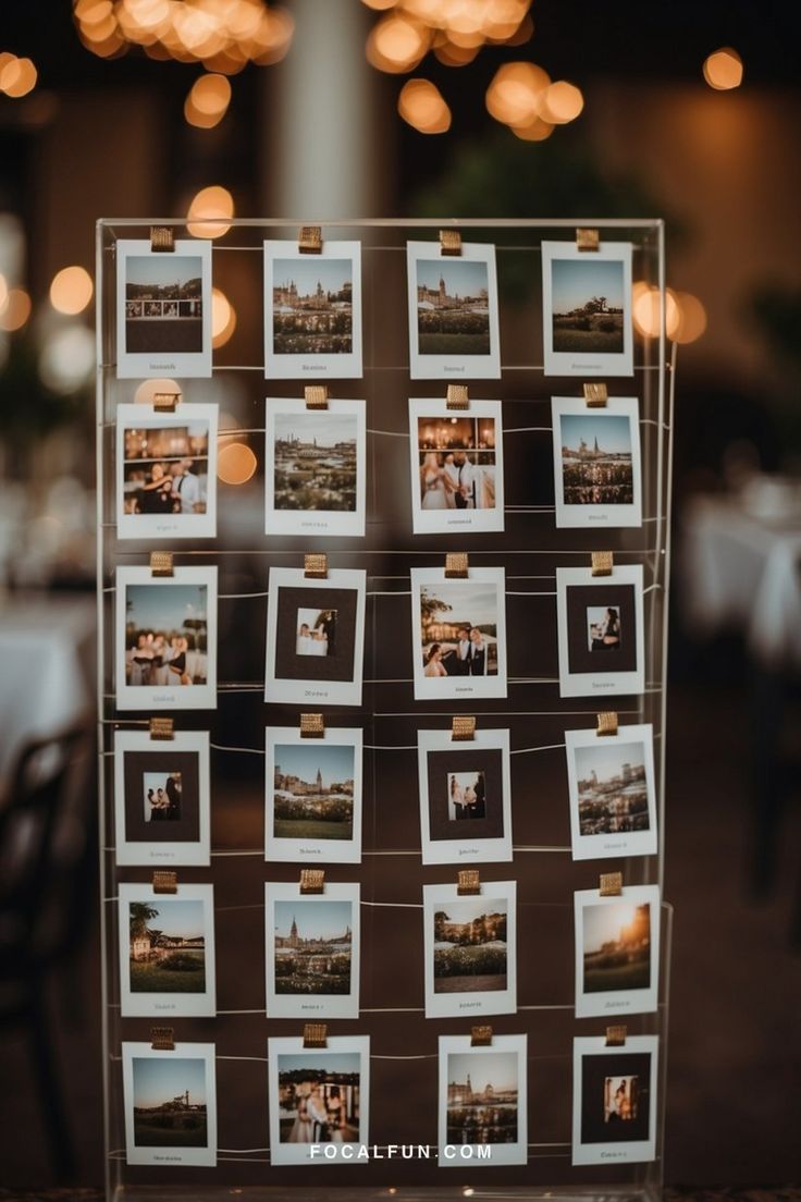 Guests' Polaroid cards hanging on a string display, showcasing candid moments and memories, highlighting Instax Mini wedding ideas. Mini Wedding Photos, Wedding Guest Book Ideas Photo Polaroid Pictures, Wedding Reception Polaroid, How To Incorporate Pictures In A Wedding, Polaroid Hanging Ideas Wedding, Instax Mini Wedding Guest Book, Wedding Instax Ideas, Instax Display Ideas, Polaroid Guest Book Ideas